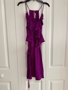 Rebecca Taylor Silk Blend Ruffle Dress Purple Tie Waist Strappy Mini Size 8